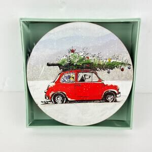 Rock Flower Paper Round Winter Scene Christmas Tree on Car Coasters Set of 4